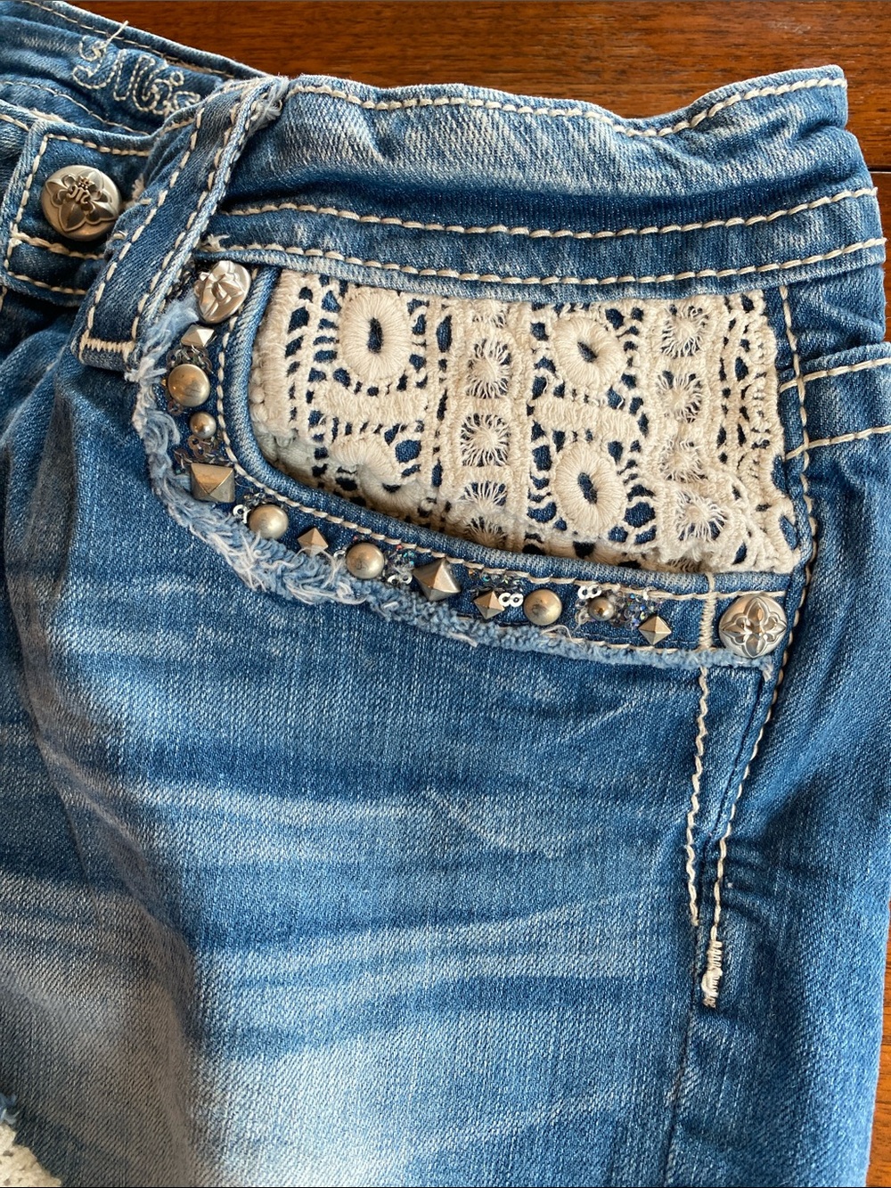 Miss Me Blue Denim Crochet-Trim Shorts - Picture 5 of 13